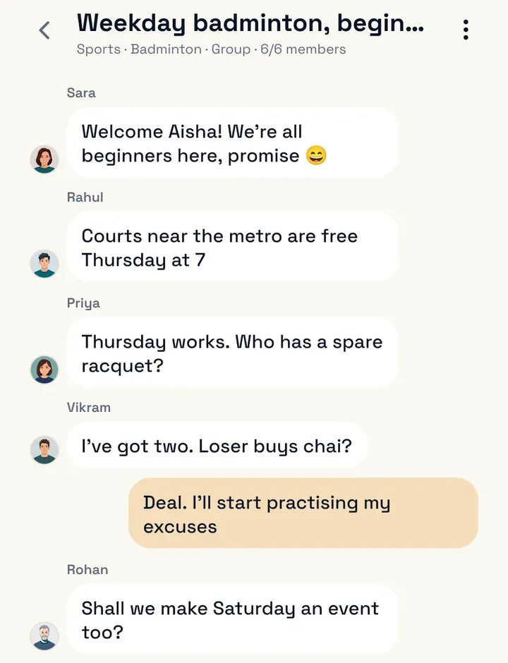 A group chat called Weekday badminton, beginners, with 6 of 6 members