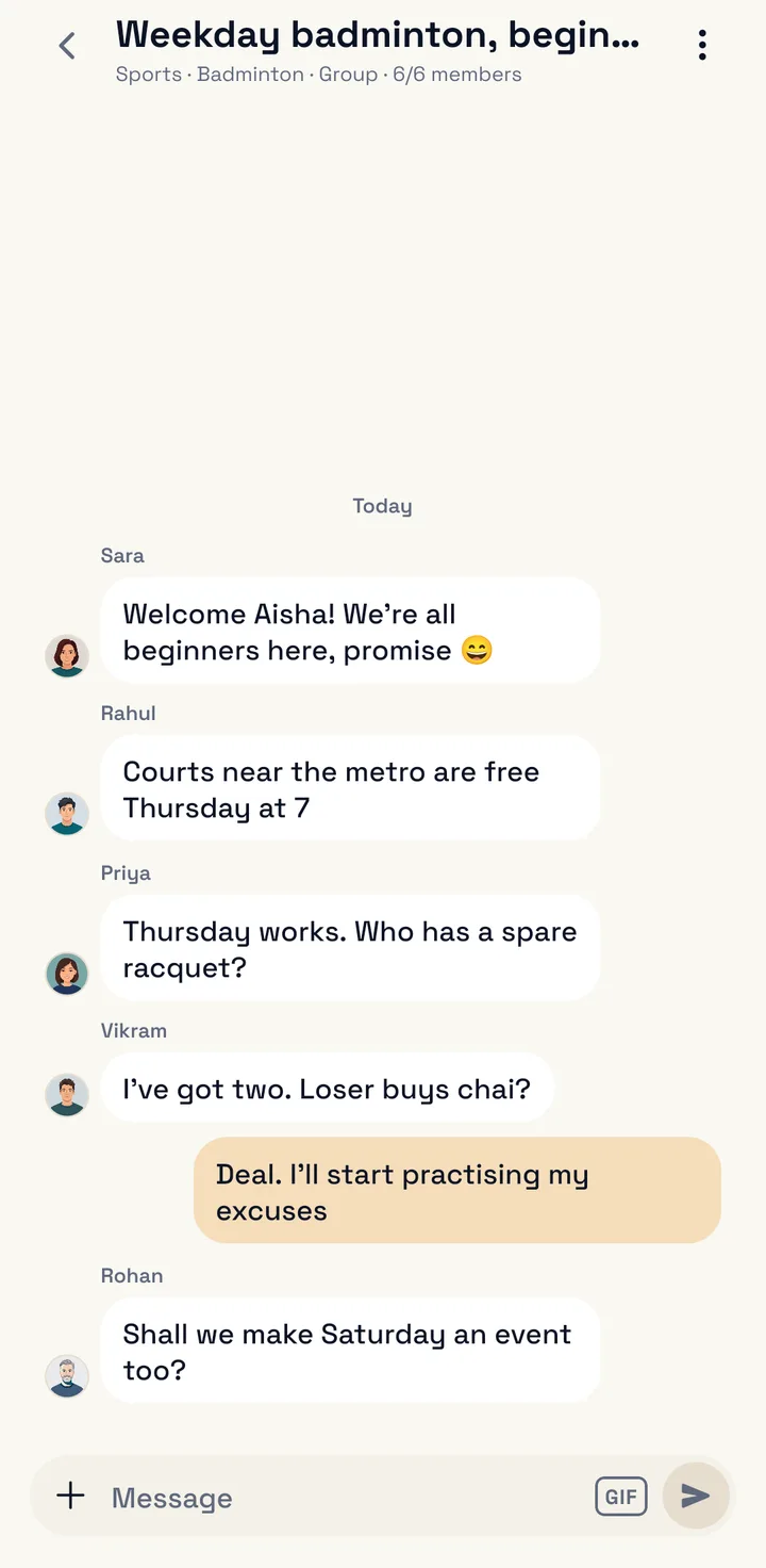 A group chat called Weekday badminton, beginners, with 6 of 6 members