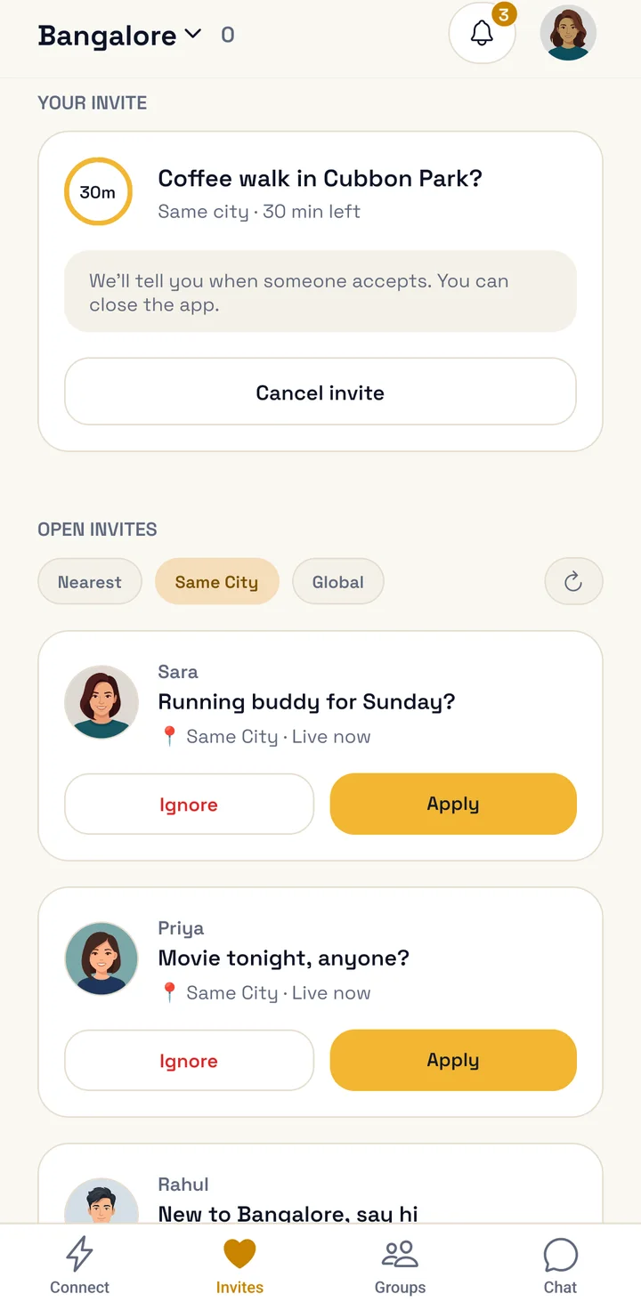 Your live invite, with open invites from people nearby